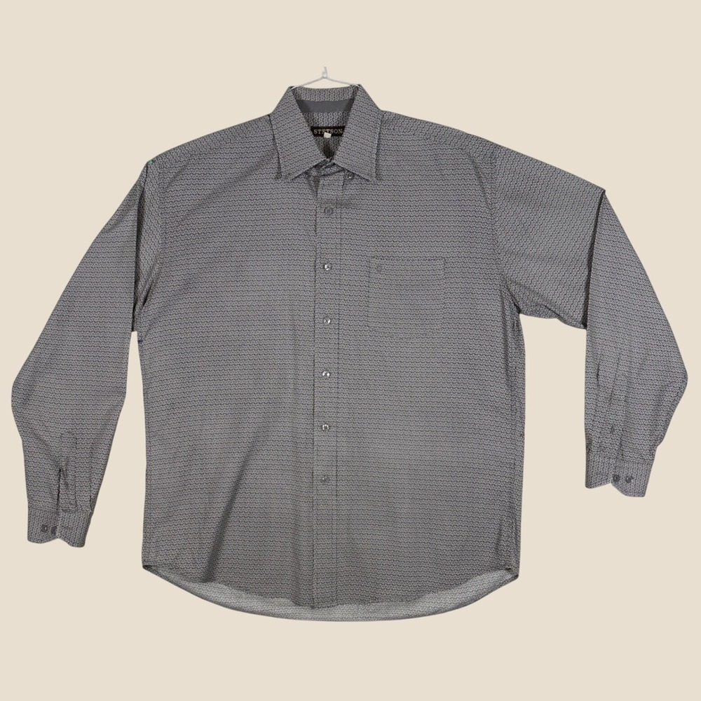 Stetson Mens Grey Geometric Honeycomb Print Cotton Button Down Shirt Large